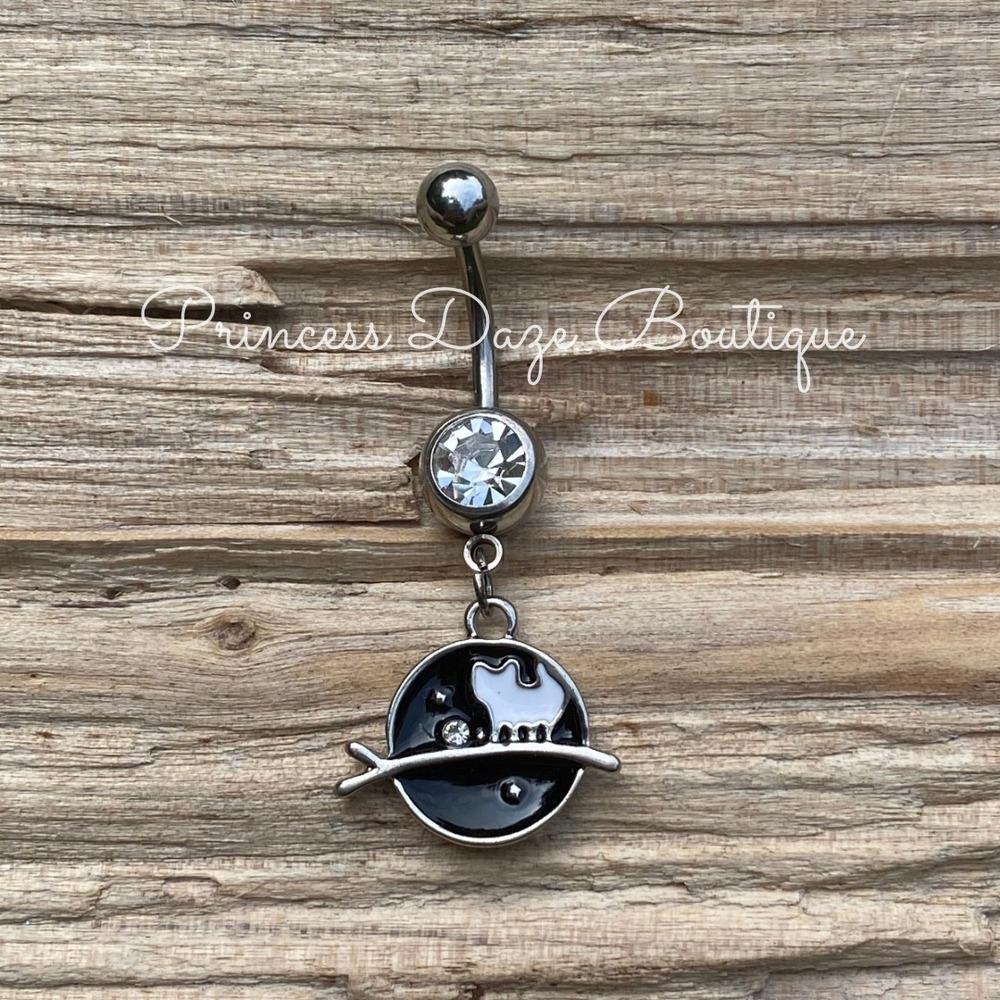 Silver Black Cat Celestial Belly‎ Button Ring Navel Jewelry Piercing